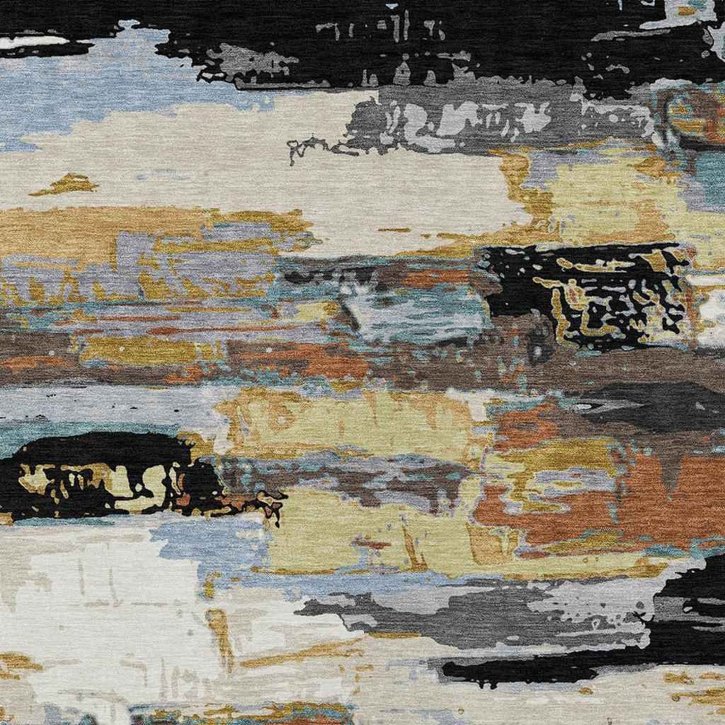 8' X 10' Black Gold And Blue Abstract Washable Indoor Outdoor Area Rug