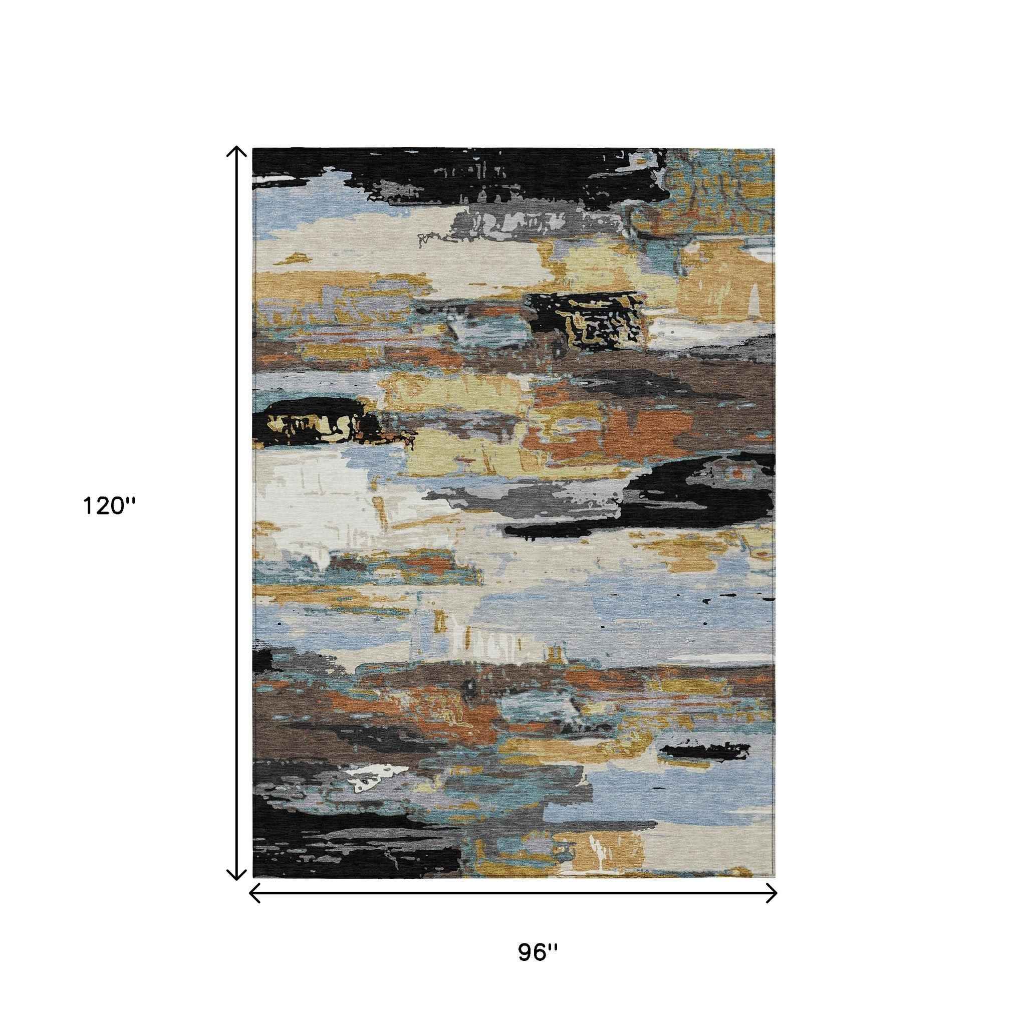 8' X 10' Black Gold And Blue Abstract Washable Indoor Outdoor Area Rug