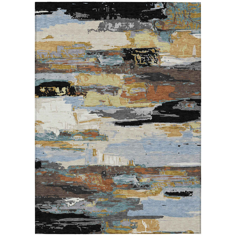 8' X 10' Black Gold And Blue Abstract Washable Indoor Outdoor Area Rug
