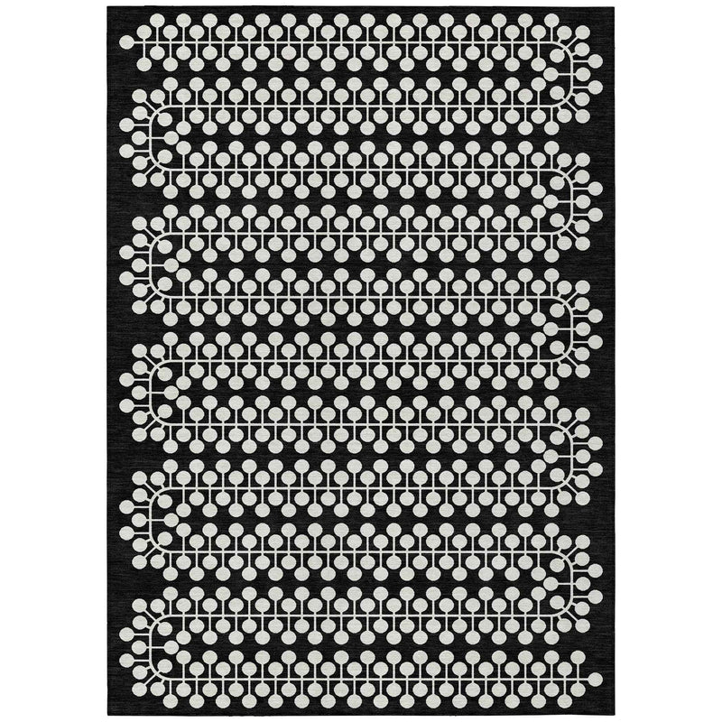 9' X 12' Black And Ivory Geometric Washable Indoor Outdoor Area Rug