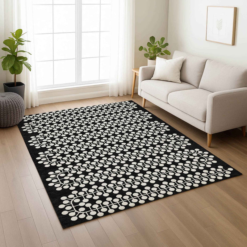 9' X 12' Black And Ivory Geometric Washable Indoor Outdoor Area Rug