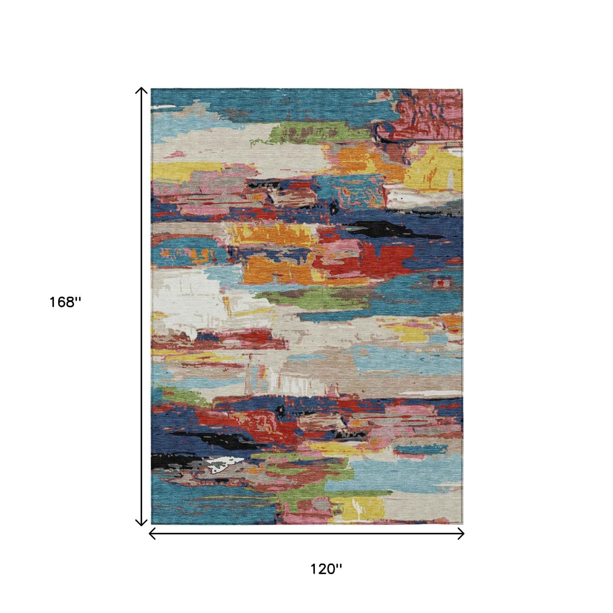 10' X 14' Denim Blue Green Red And Orange Abstract Washable Indoor Outdoor Area Rug