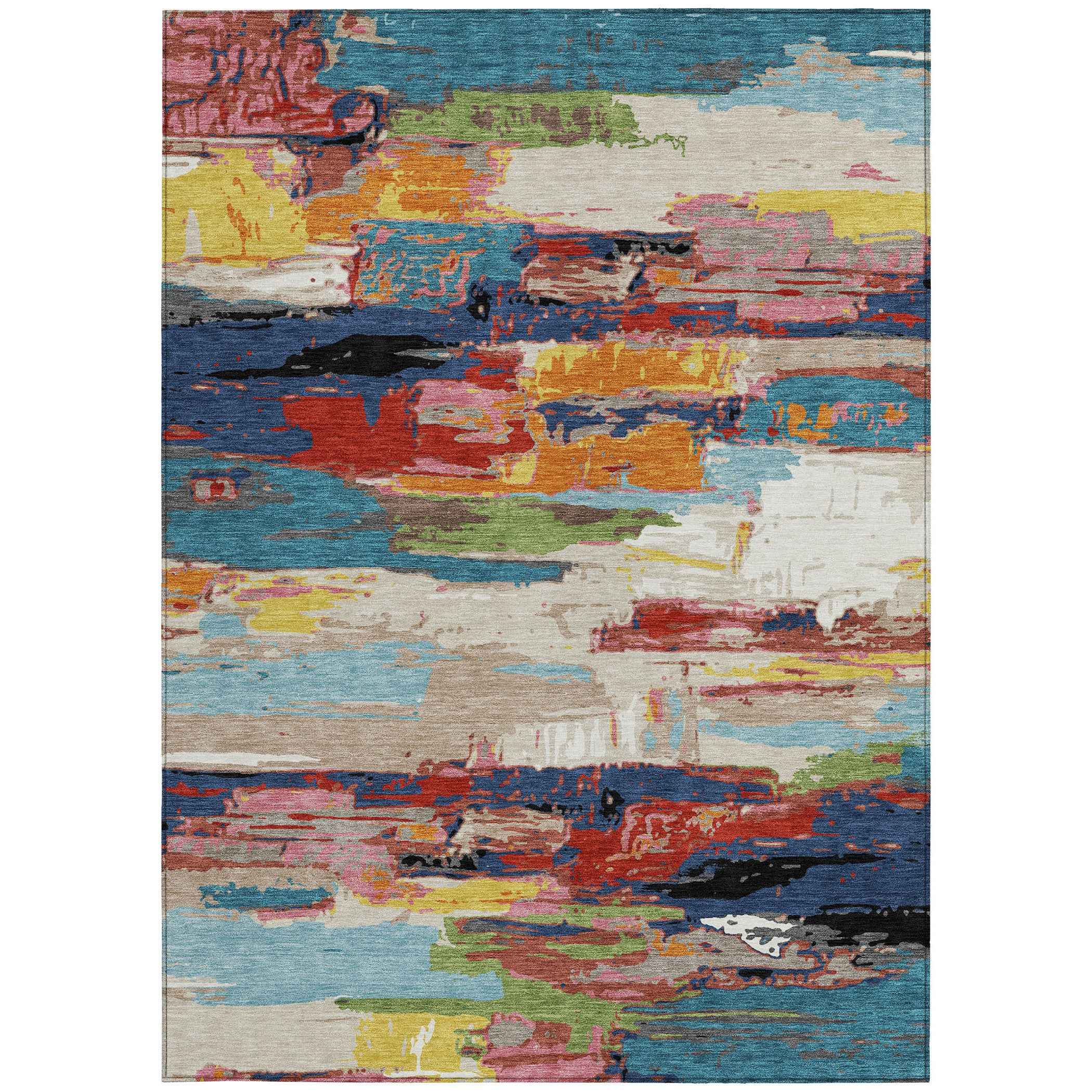 10' X 14' Denim Blue Green Red And Orange Abstract Washable Indoor Outdoor Area Rug