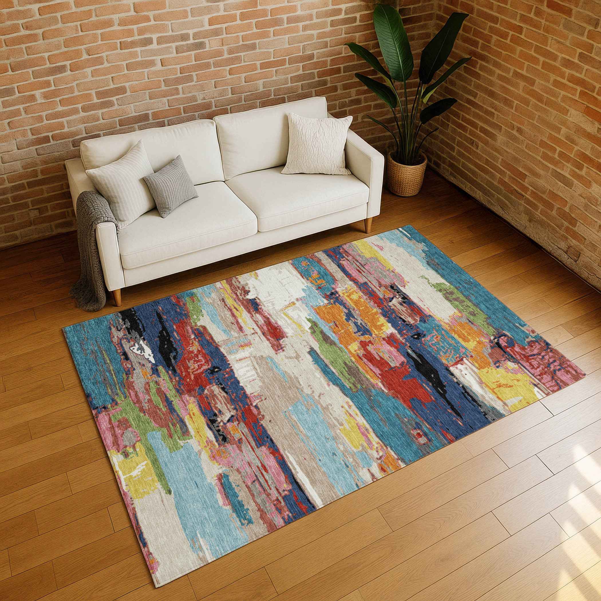 10' X 14' Denim Blue Green Red And Orange Abstract Washable Indoor Outdoor Area Rug
