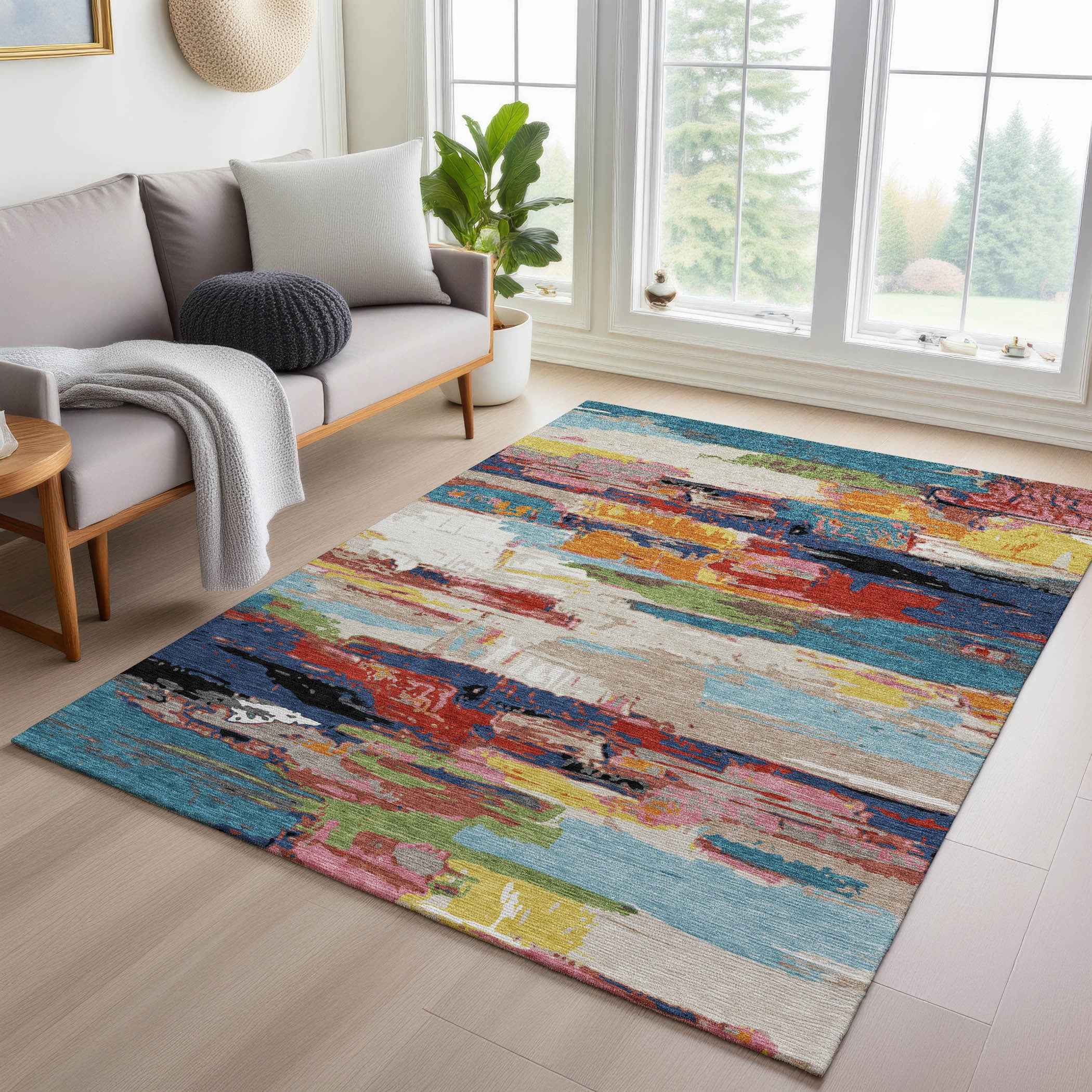 10' X 14' Denim Blue Green Red And Orange Abstract Washable Indoor Outdoor Area Rug