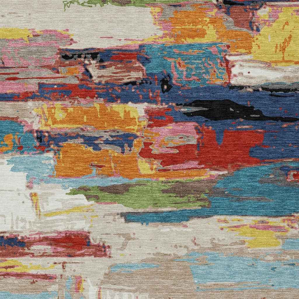 8' X 10' Denim Blue Green Red And Orange Abstract Washable Indoor Outdoor Area Rug