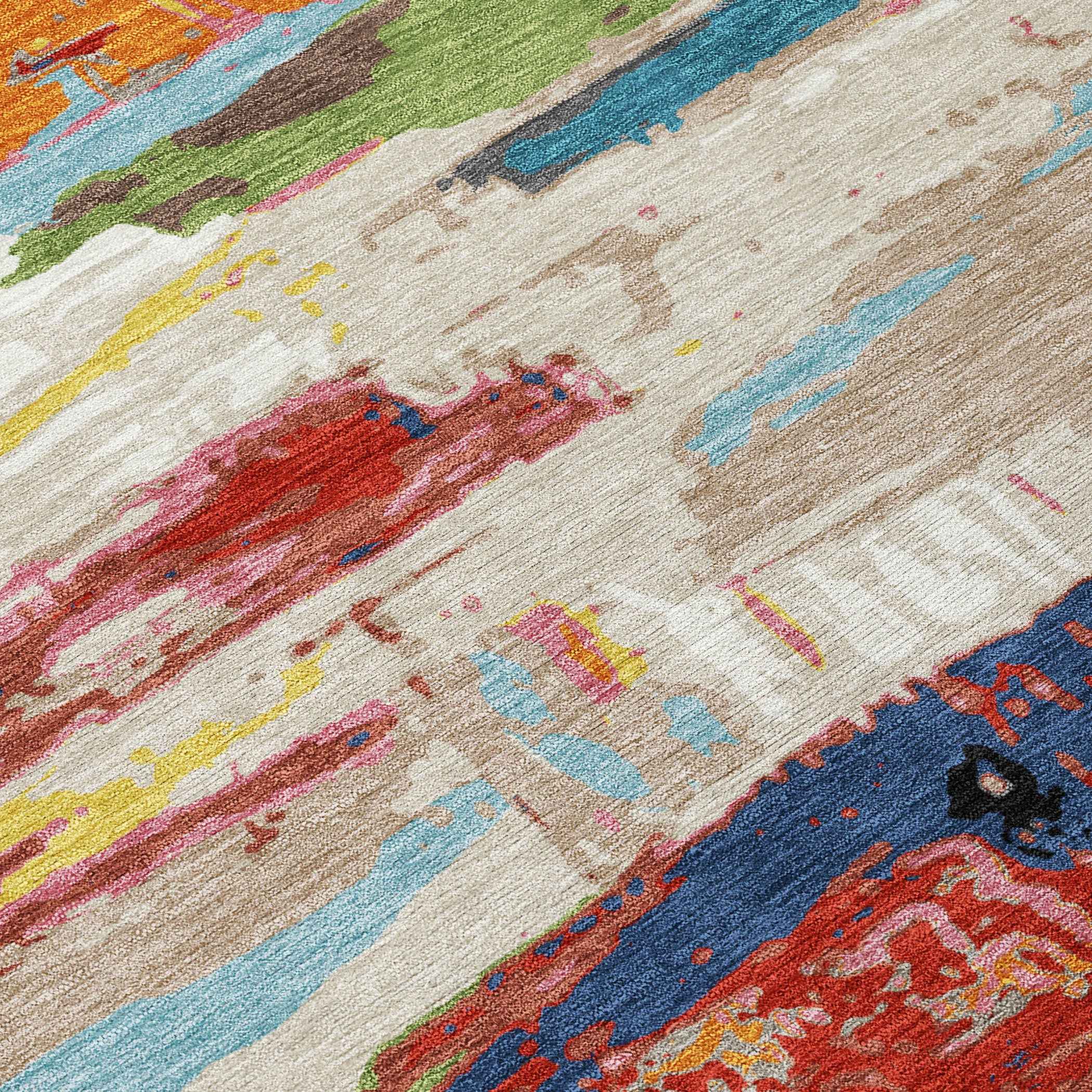 8' X 10' Denim Blue Green Red And Orange Abstract Washable Indoor Outdoor Area Rug