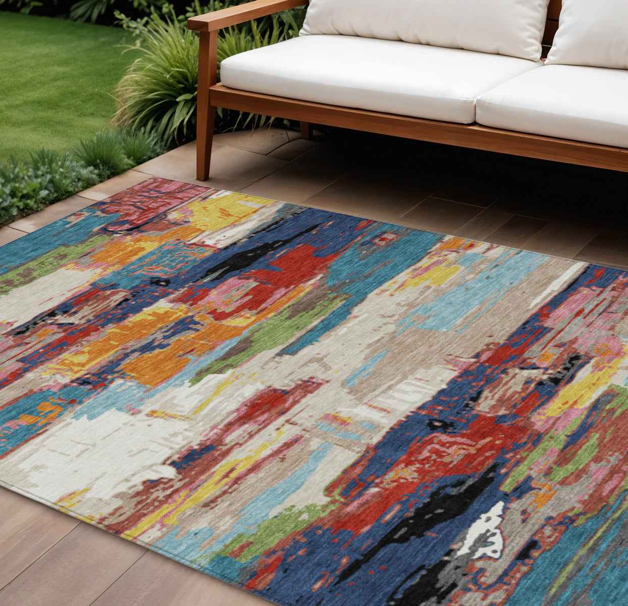 8' X 10' Denim Blue Green Red And Orange Abstract Washable Indoor Outdoor Area Rug