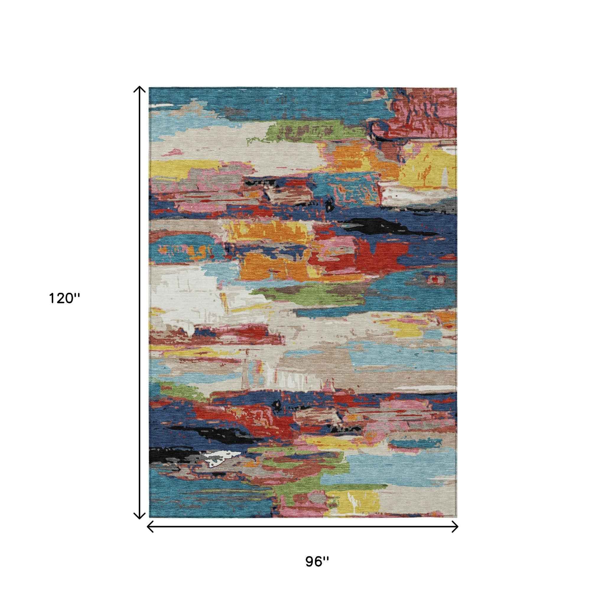 8' X 10' Denim Blue Green Red And Orange Abstract Washable Indoor Outdoor Area Rug