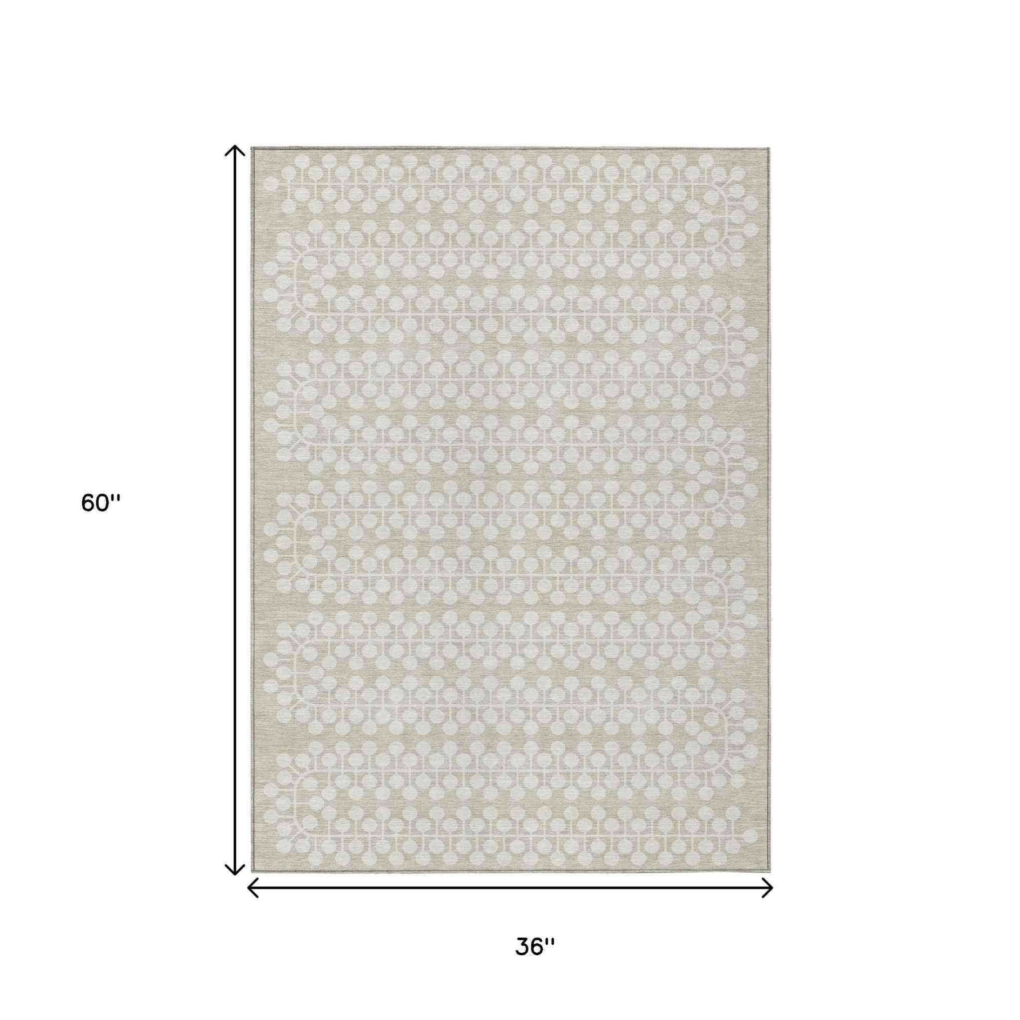 3' X 5' Beige And Ivory Geometric Washable Indoor Outdoor Area Rug