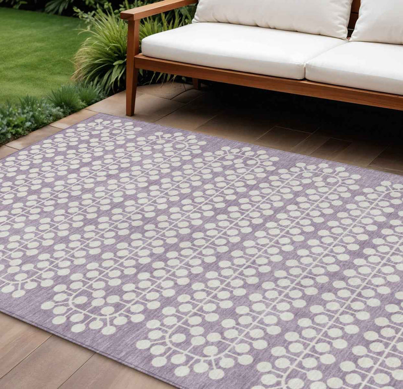9' X 12' Lavender And Ivory Geometric Washable Indoor Outdoor Area Rug