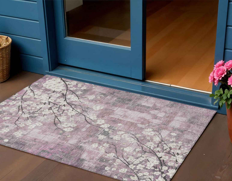 3' X 5' Blush Ivory And Gray Floral Washable Indoor Outdoor Area Rug