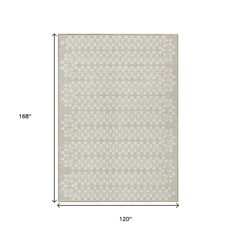 10' X 14' Beige And Ivory Geometric Washable Indoor Outdoor Area Rug