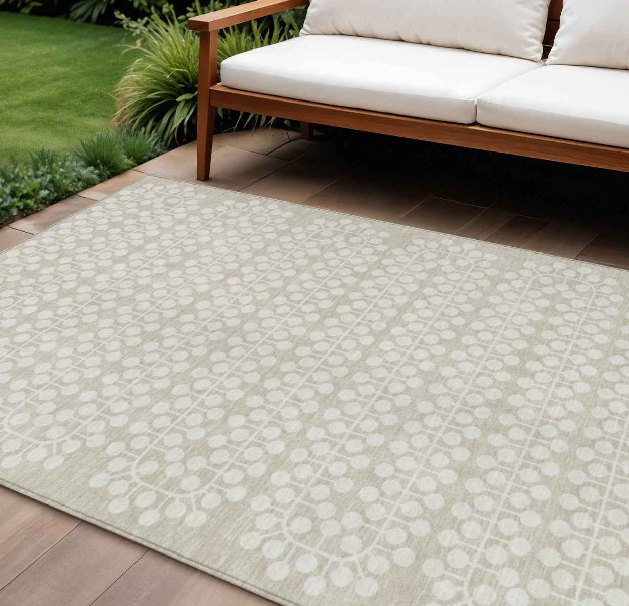 10' X 14' Beige And Ivory Geometric Washable Indoor Outdoor Area Rug