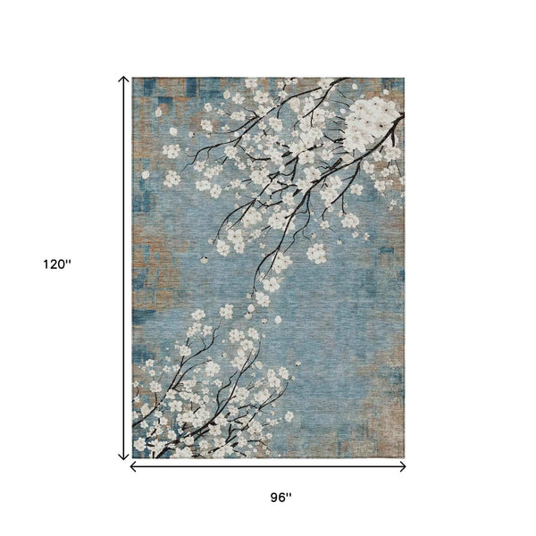 8' X 10' Denim Blue Ivory And Taupe Floral Washable Indoor Outdoor Area Rug