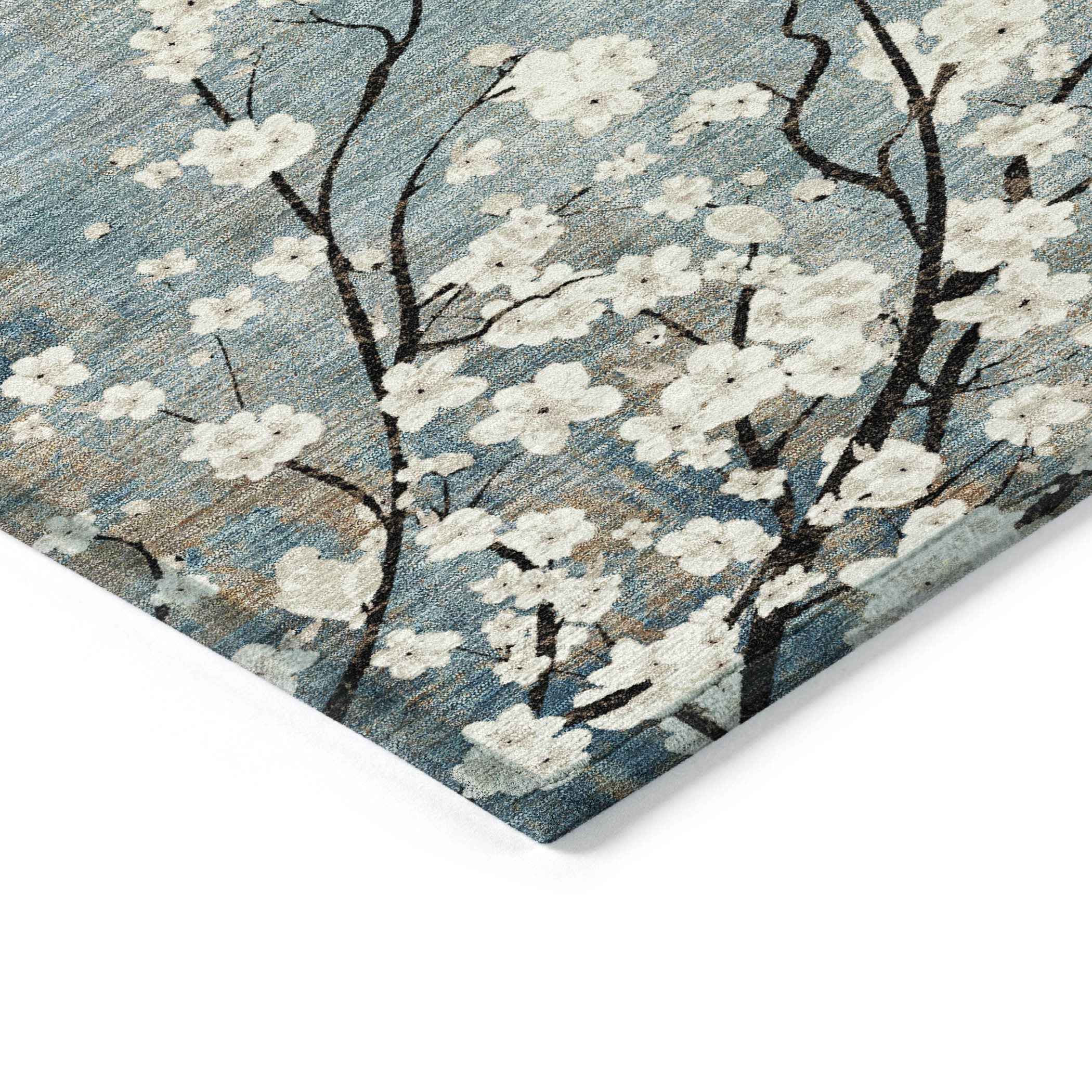 8' X 10' Denim Blue Ivory And Taupe Floral Washable Indoor Outdoor Area Rug