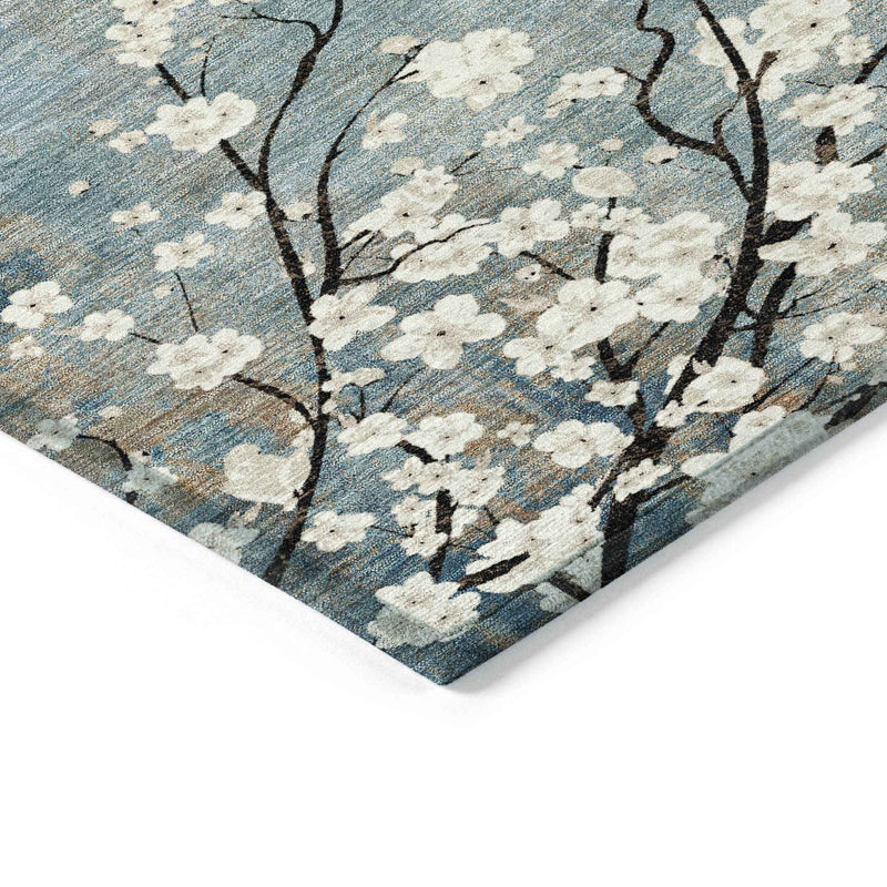 8' X 10' Denim Blue Ivory And Taupe Floral Washable Indoor Outdoor Area Rug