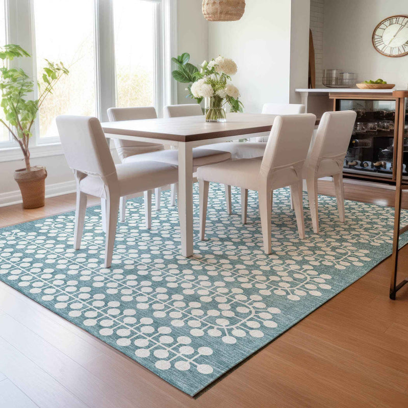 9' X 12' Teal Blue And Ivory Geometric Washable Indoor Outdoor Area Rug