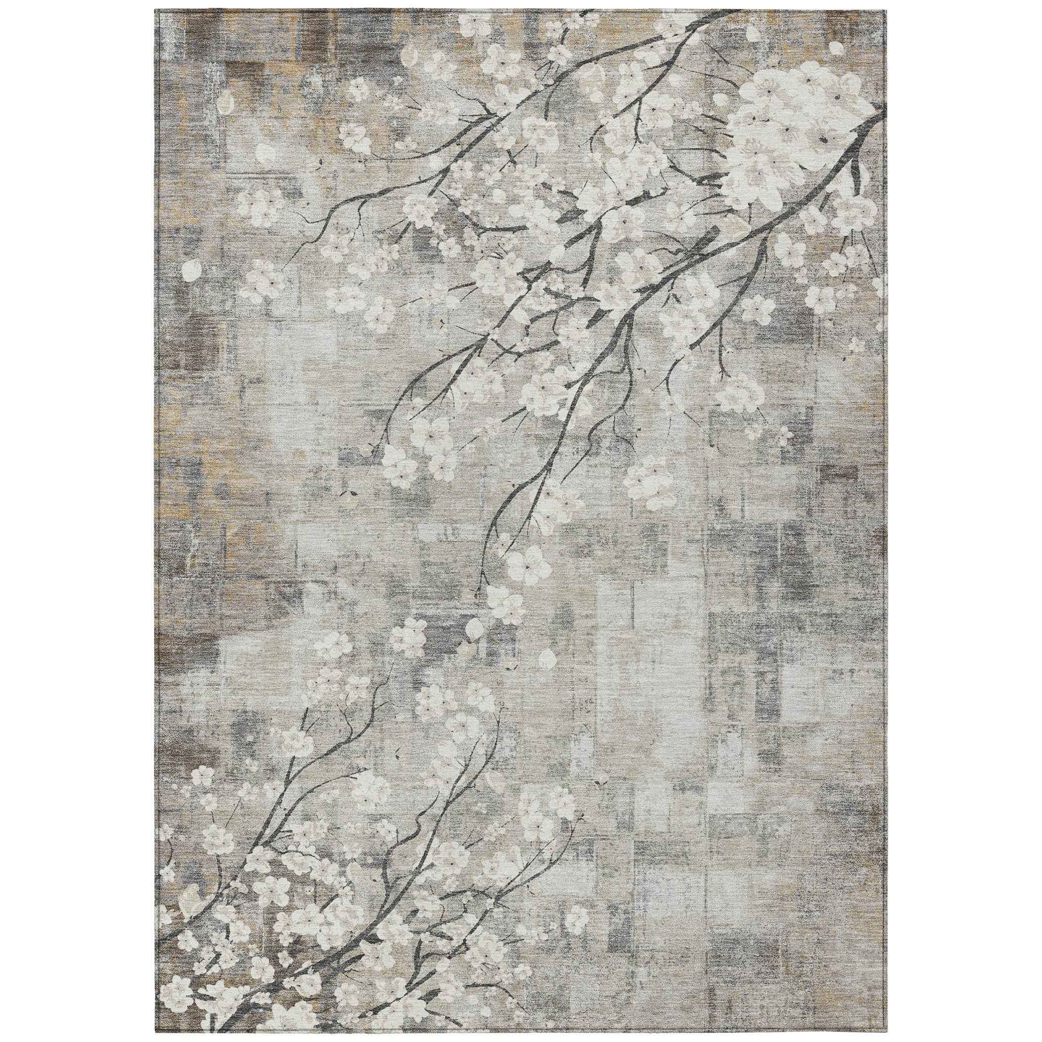 10' X 14' Beige Ivory And Gray Floral Washable Indoor Outdoor Area Rug