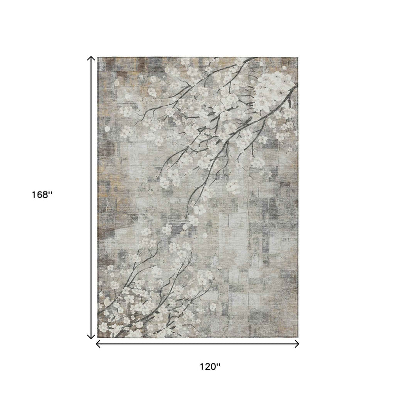 10' X 14' Beige Ivory And Gray Floral Washable Indoor Outdoor Area Rug