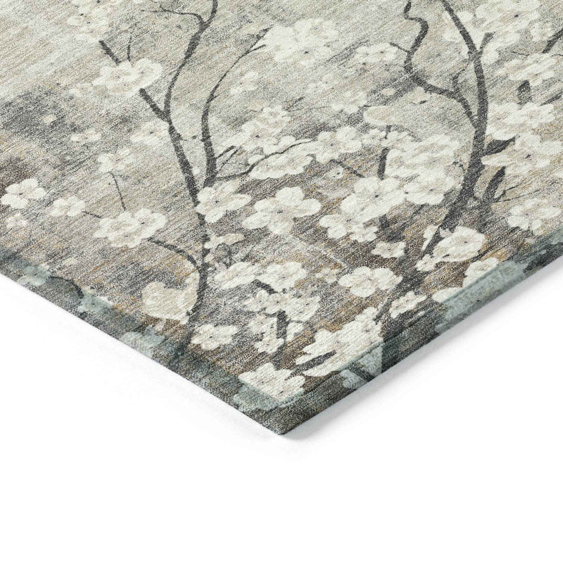 10' X 14' Beige Ivory And Gray Floral Washable Indoor Outdoor Area Rug