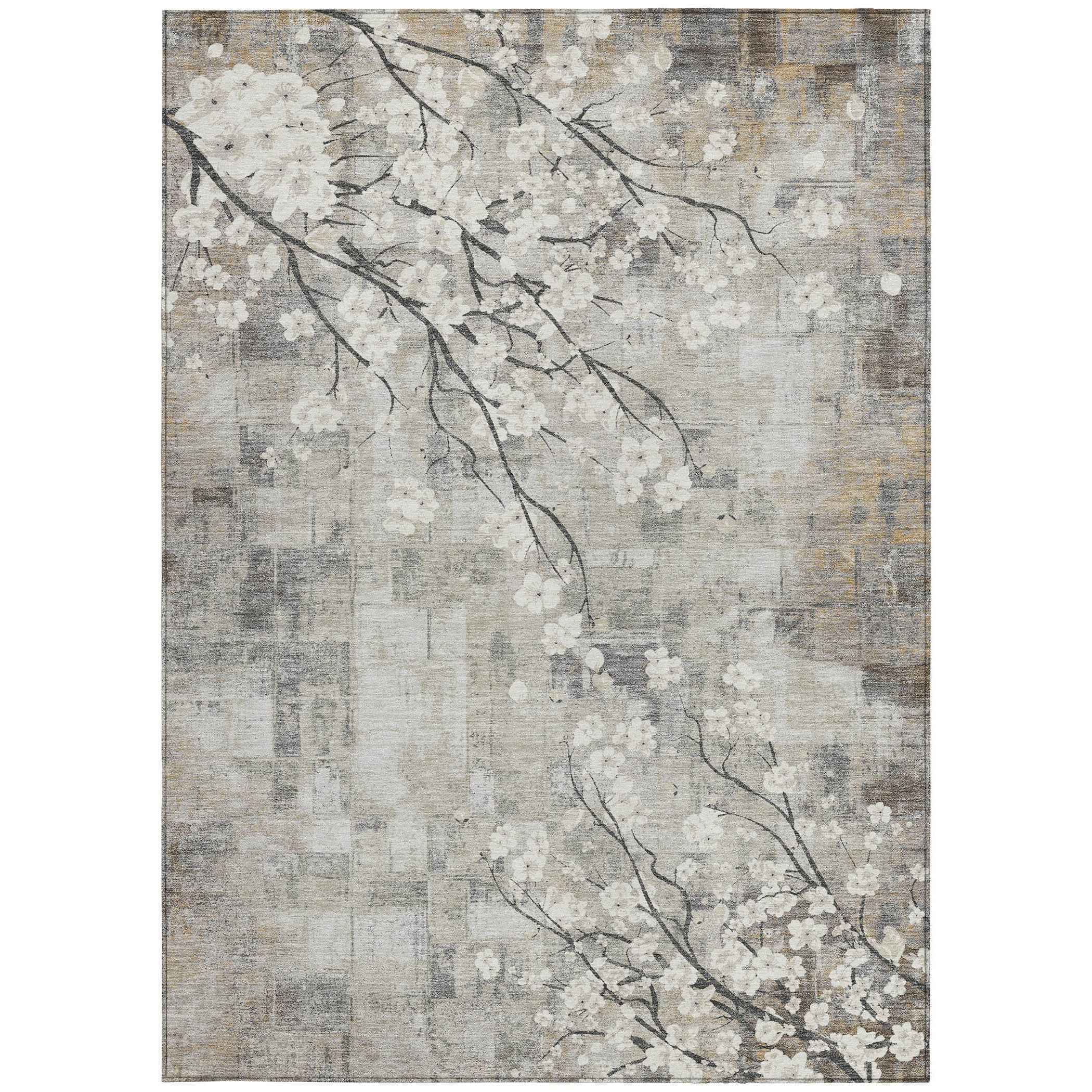 10' X 14' Beige Ivory And Gray Floral Washable Indoor Outdoor Area Rug
