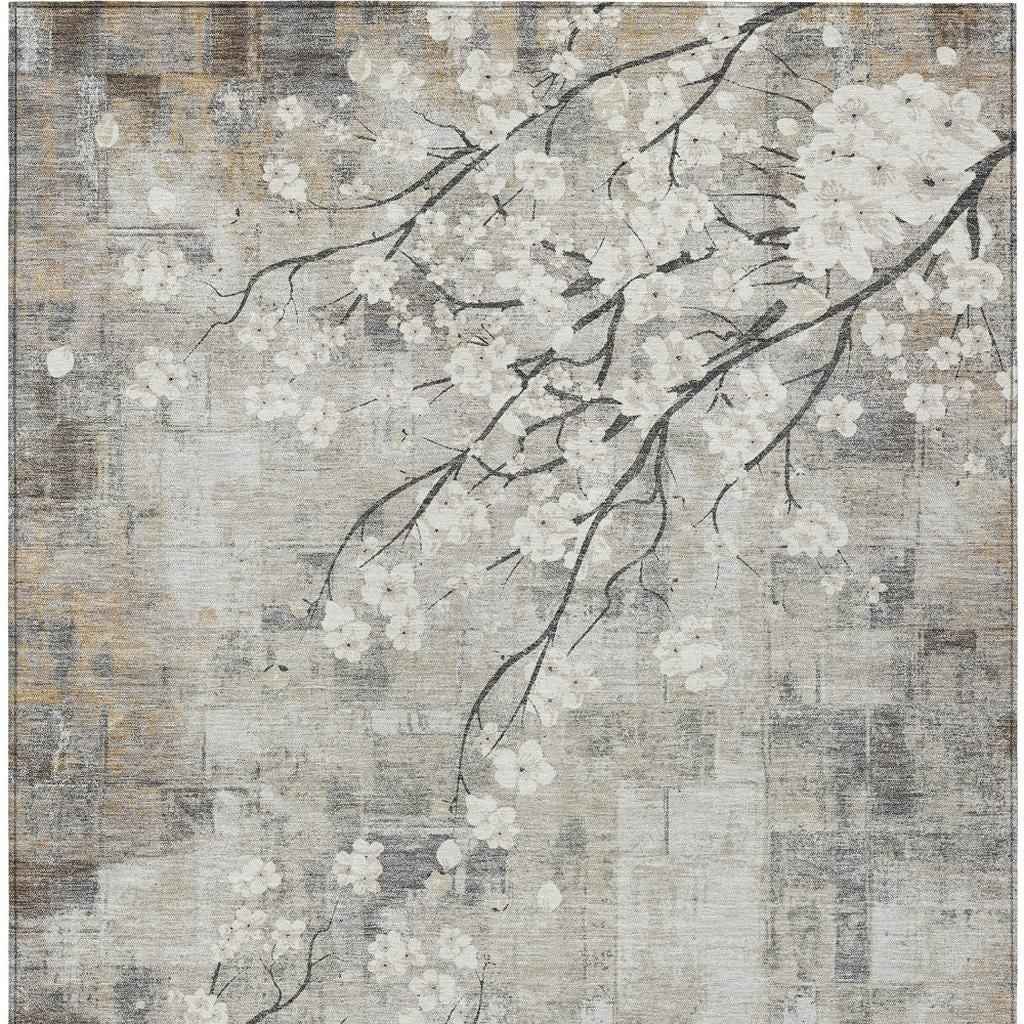 10' X 14' Beige Ivory And Gray Floral Washable Indoor Outdoor Area Rug