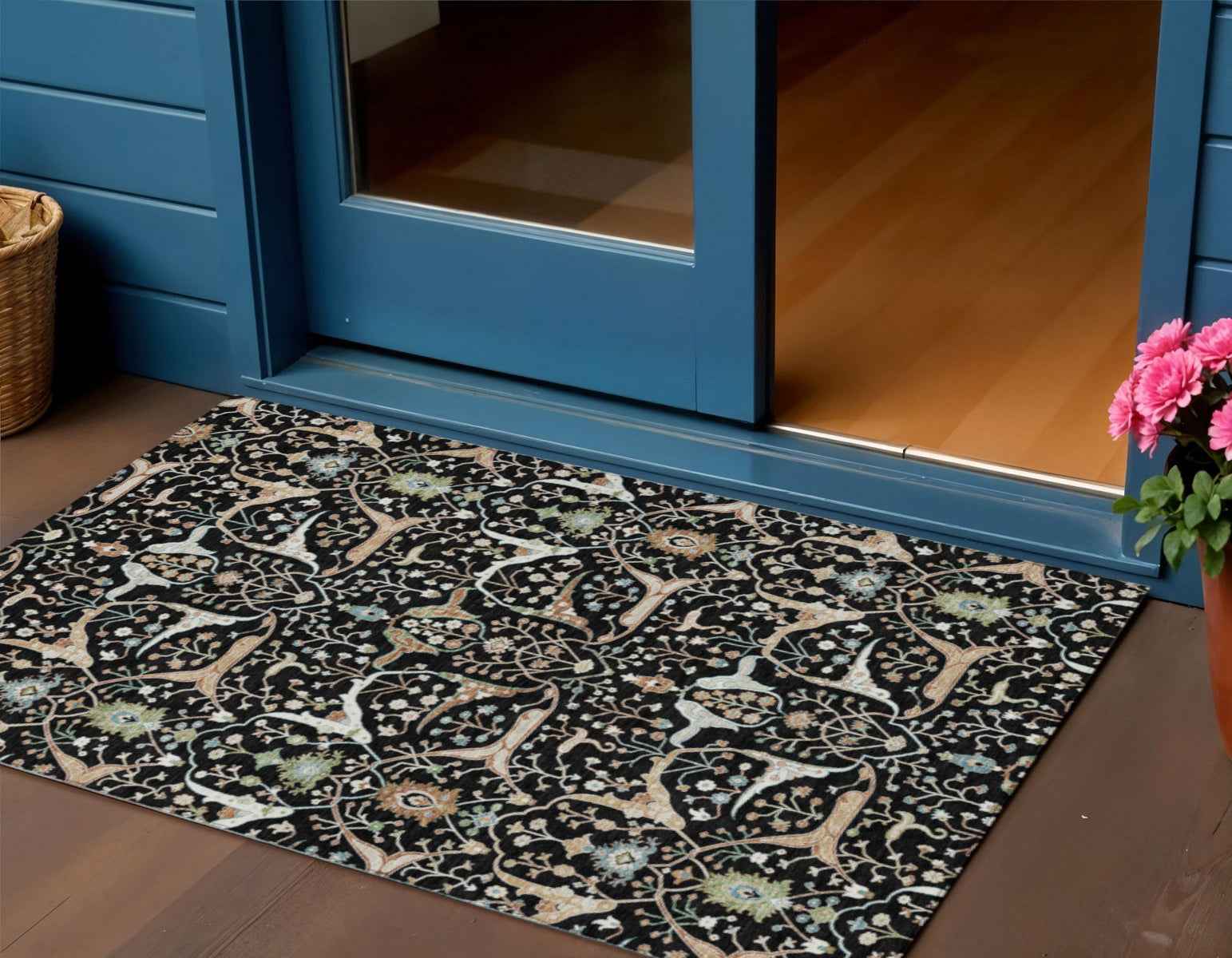 3' X 5' Black Ivory And Green Floral Washable Indoor Outdoor Area Rug