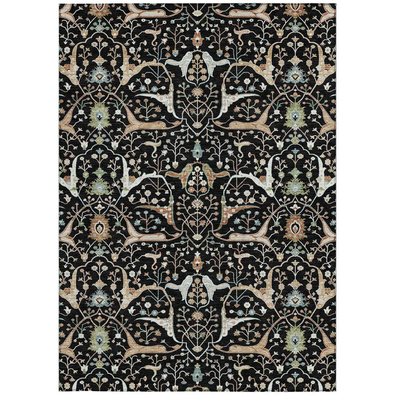 3' X 5' Black Ivory And Green Floral Washable Indoor Outdoor Area Rug