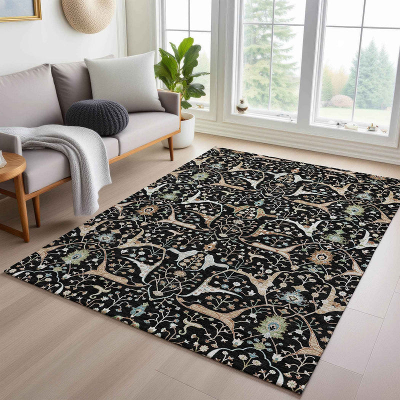 3' X 5' Black Ivory And Green Floral Washable Indoor Outdoor Area Rug