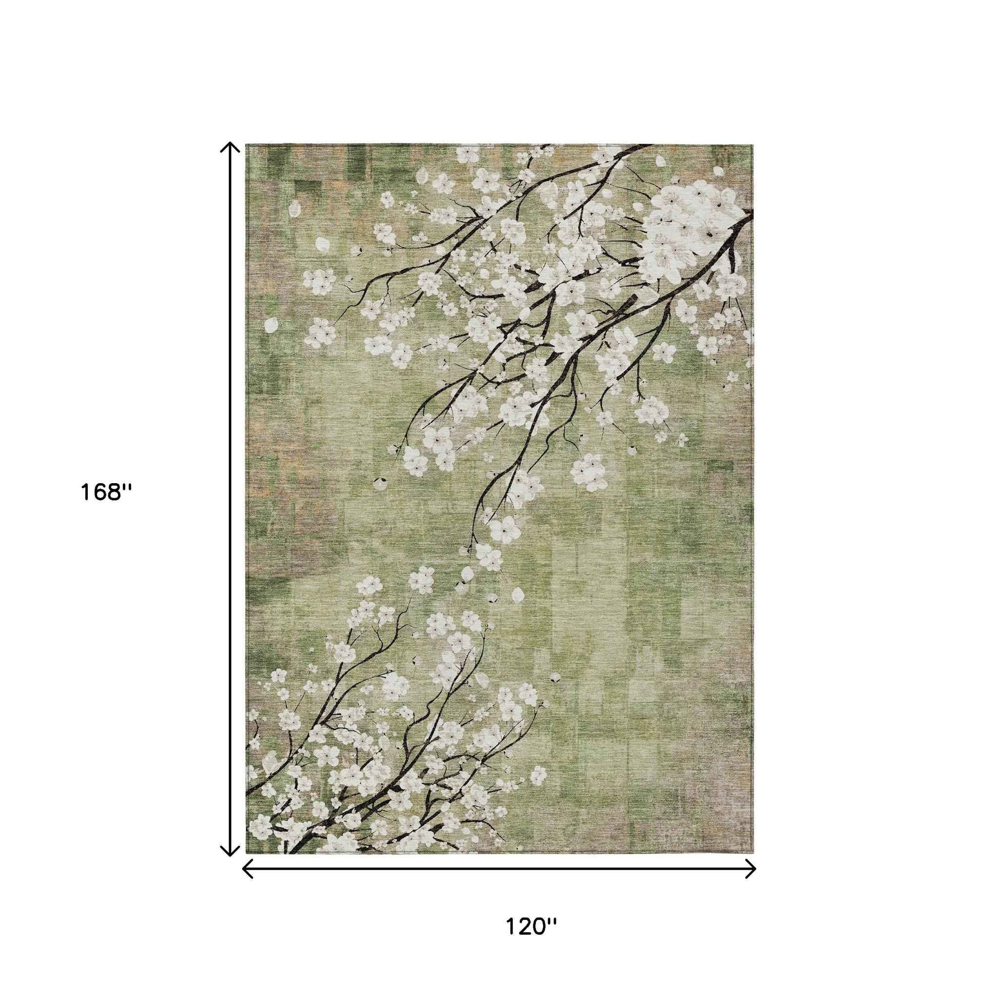 10' X 14' Artichoke Green Ivory And Charcoal Floral Washable Indoor Outdoor Area Rug