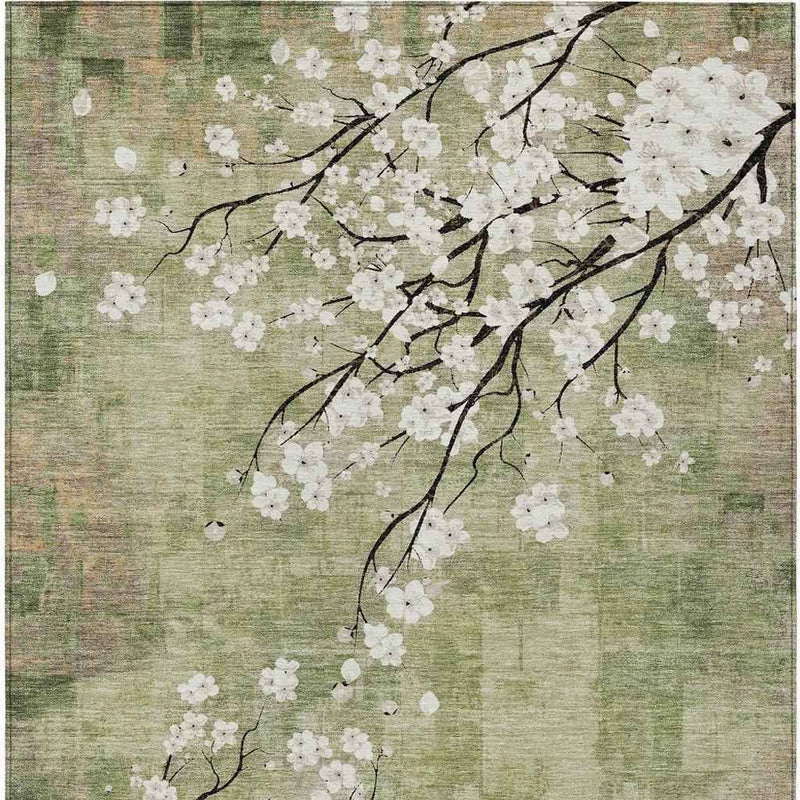 10' X 14' Artichoke Green Ivory And Charcoal Floral Washable Indoor Outdoor Area Rug