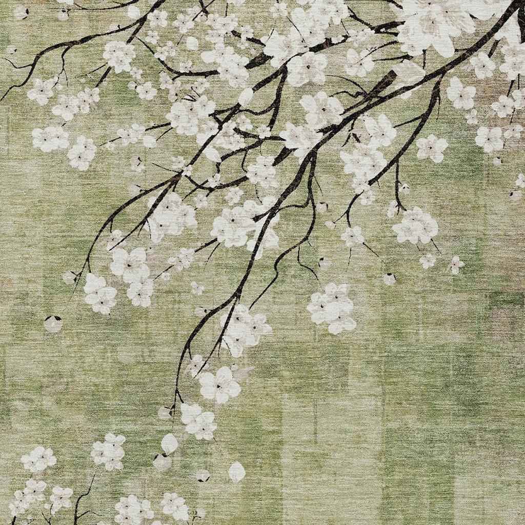 10' X 14' Artichoke Green Ivory And Charcoal Floral Washable Indoor Outdoor Area Rug