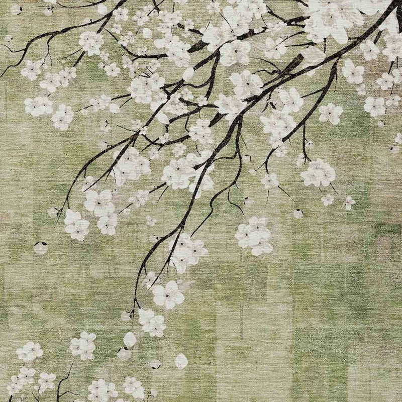 10' X 14' Artichoke Green Ivory And Charcoal Floral Washable Indoor Outdoor Area Rug