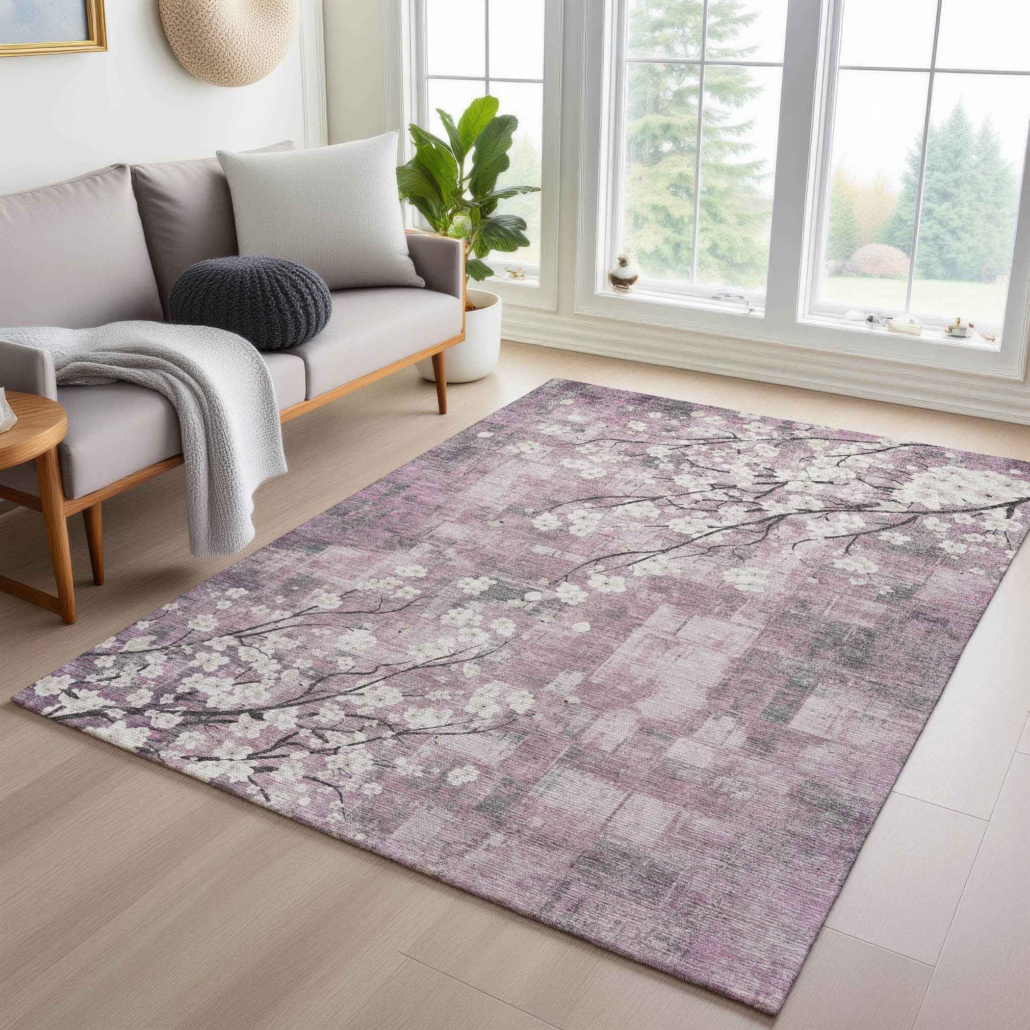 10' X 14' Blush Ivory And Gray Floral Washable Indoor Outdoor Area Rug