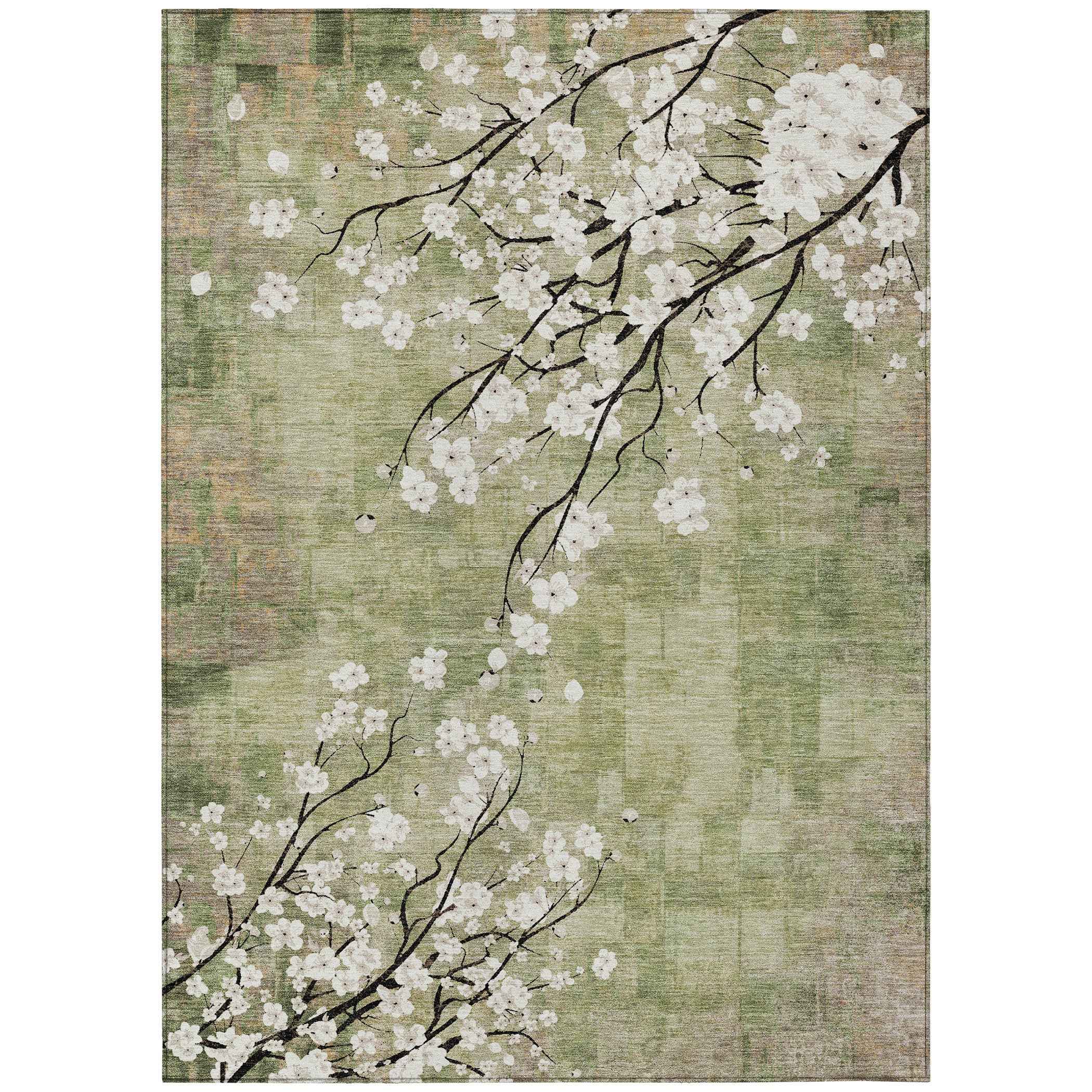 3' X 5' Artichoke Green Ivory And Charcoal Floral Washable Indoor Outdoor Area Rug