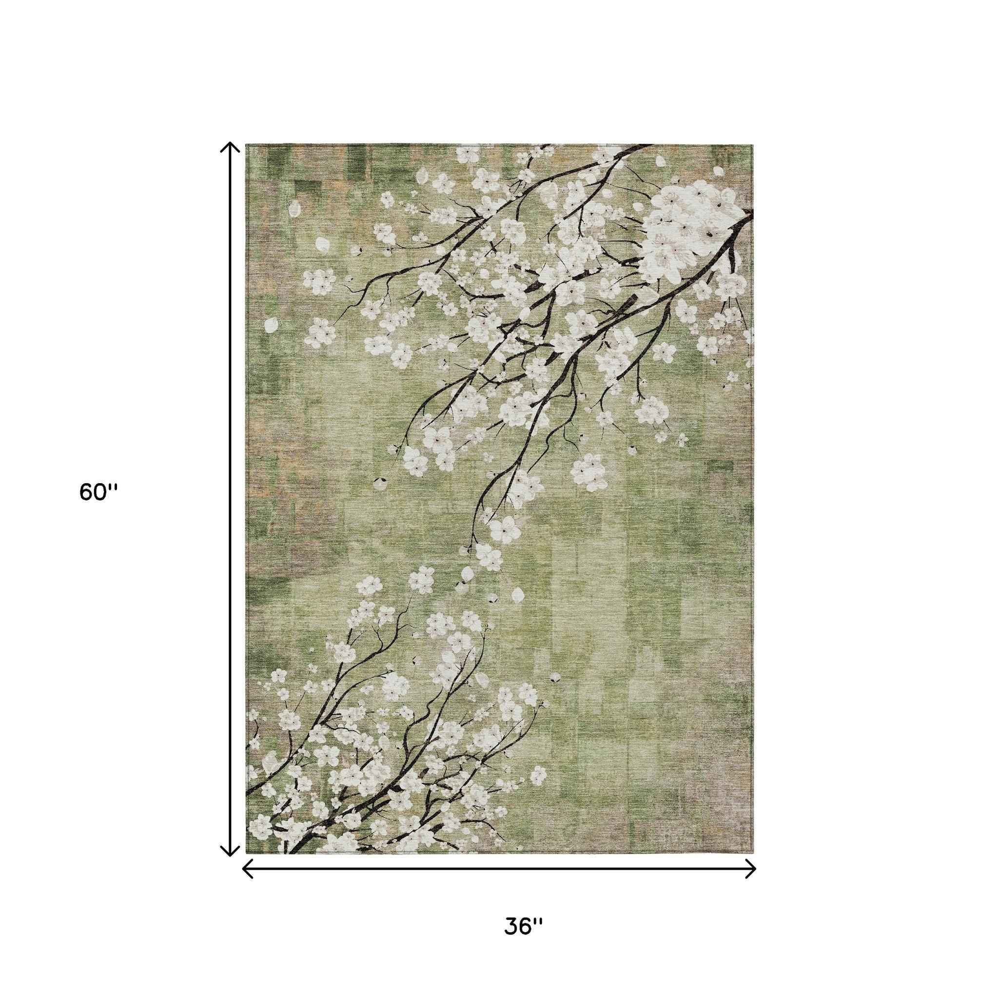 3' X 5' Artichoke Green Ivory And Charcoal Floral Washable Indoor Outdoor Area Rug