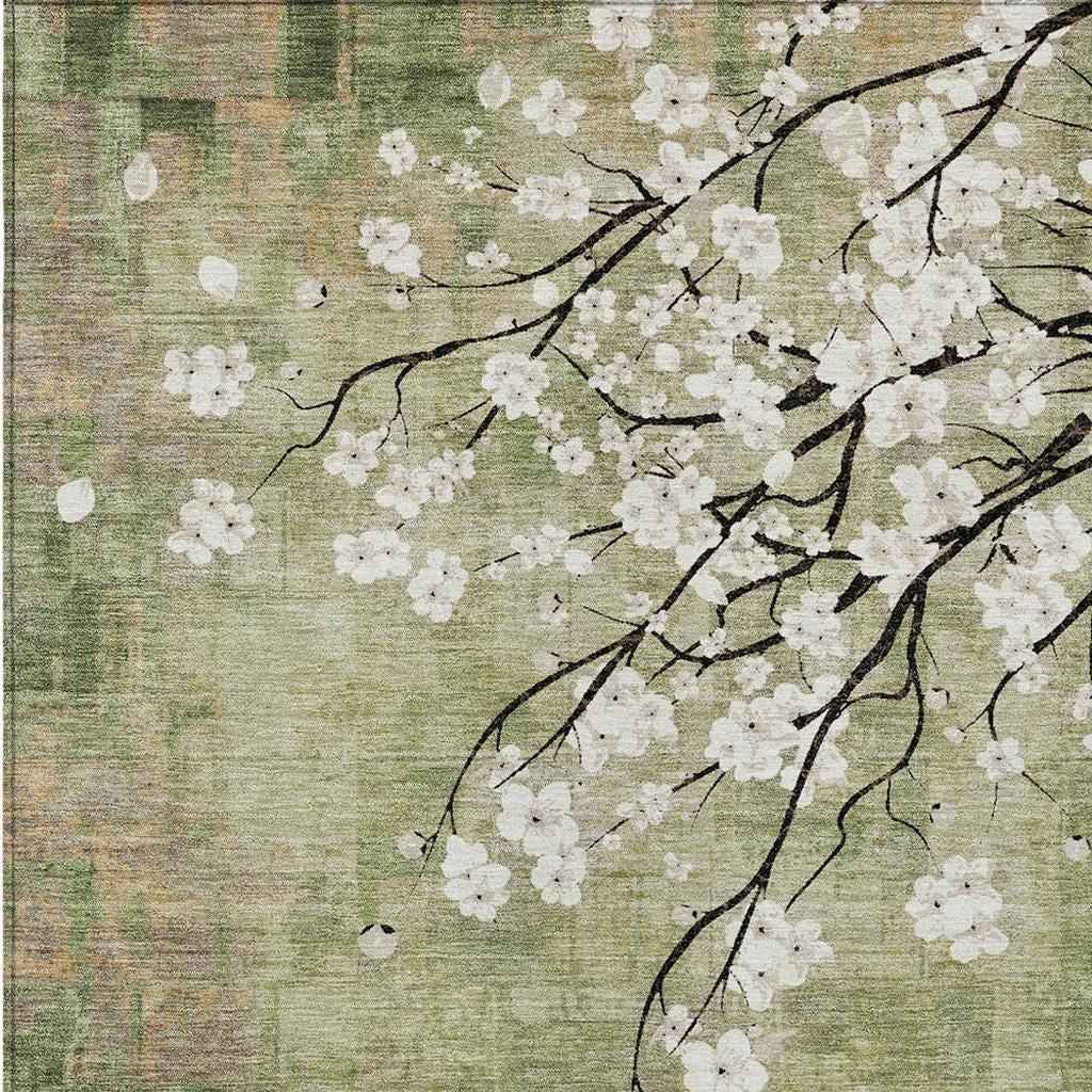 3' X 5' Artichoke Green Ivory And Charcoal Floral Washable Indoor Outdoor Area Rug