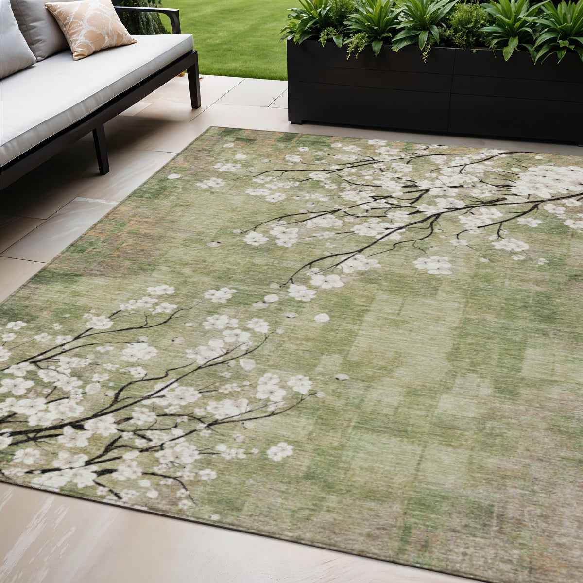 5' X 8' Artichoke Green Ivory And Charcoal Floral Washable Indoor Outdoor Area Rug