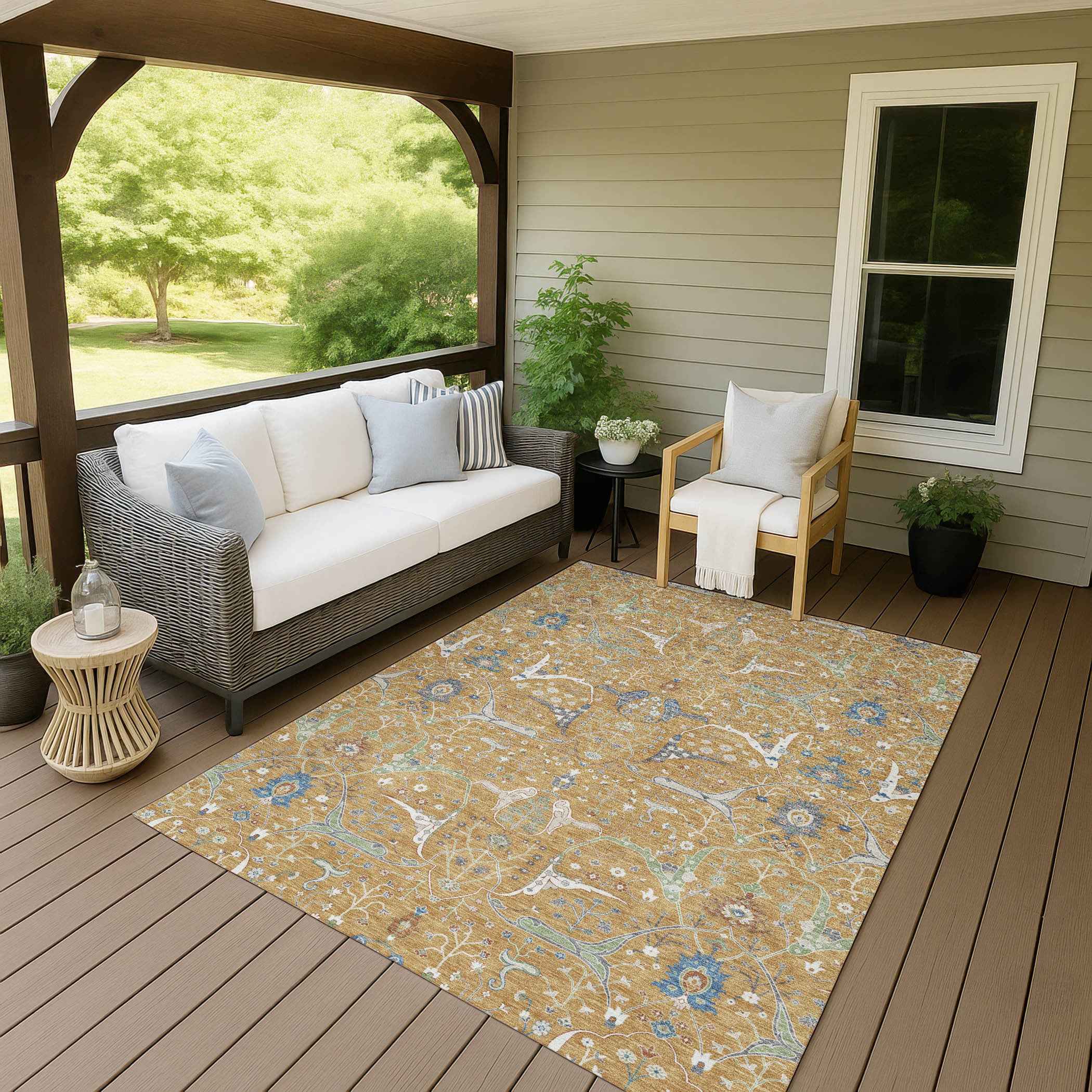 10' X 14' Gold And Blue Floral Washable Indoor Outdoor Area Rug