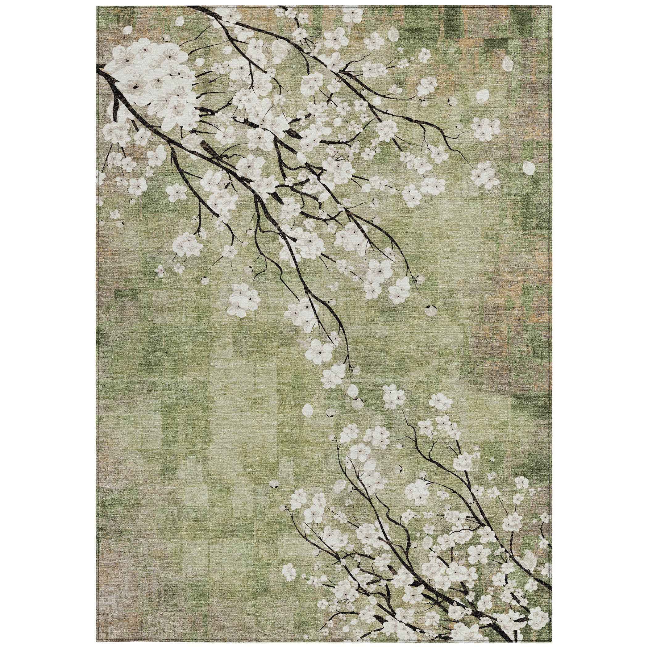 5' X 8' Artichoke Green Ivory And Charcoal Floral Washable Indoor Outdoor Area Rug
