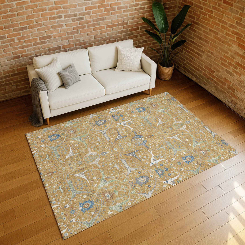 10' X 14' Gold And Blue Floral Washable Indoor Outdoor Area Rug
