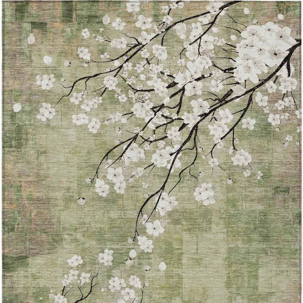 5' X 8' Artichoke Green Ivory And Charcoal Floral Washable Indoor Outdoor Area Rug