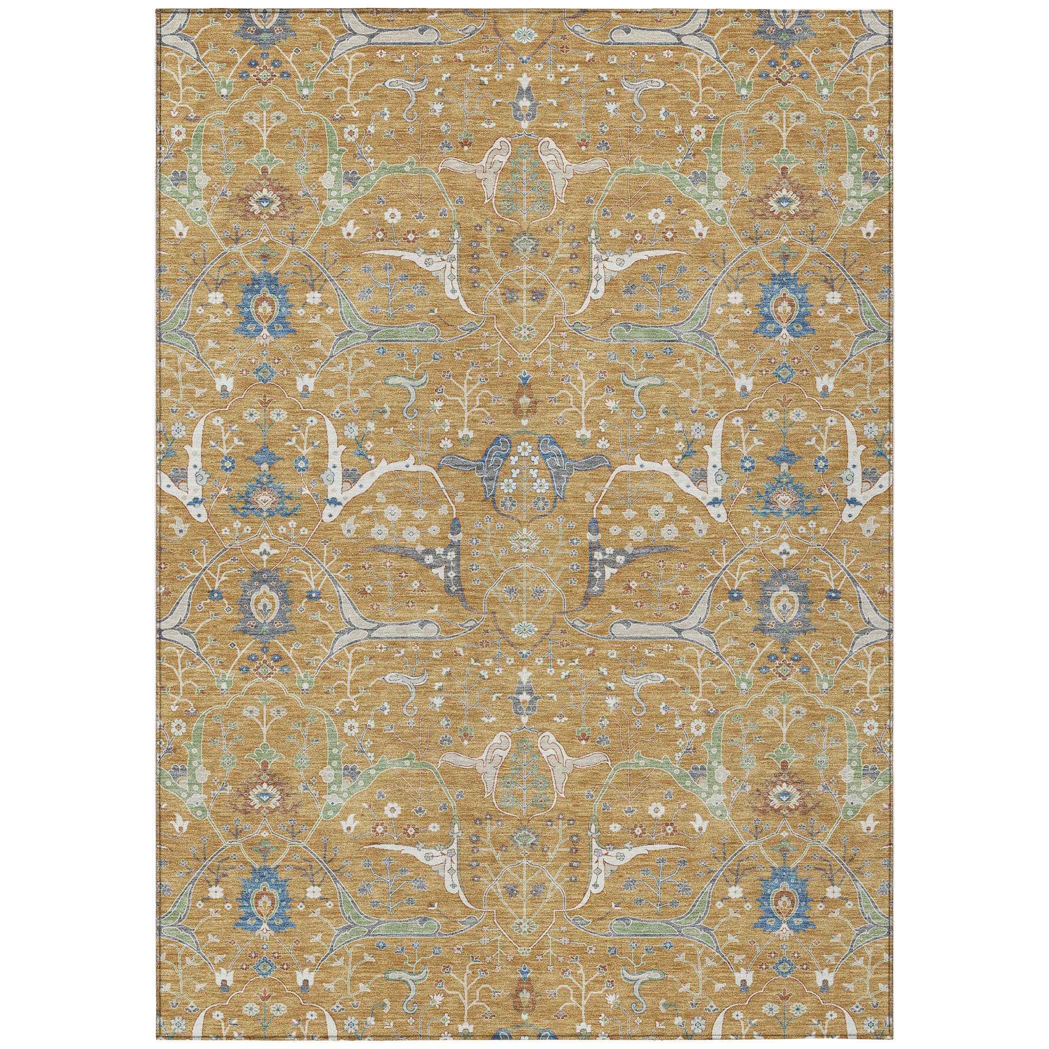 10' X 14' Gold And Blue Floral Washable Indoor Outdoor Area Rug
