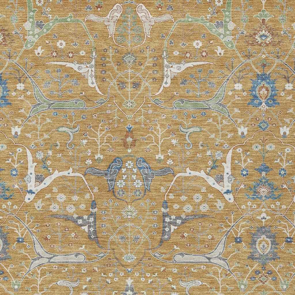 10' X 14' Gold And Blue Floral Washable Indoor Outdoor Area Rug