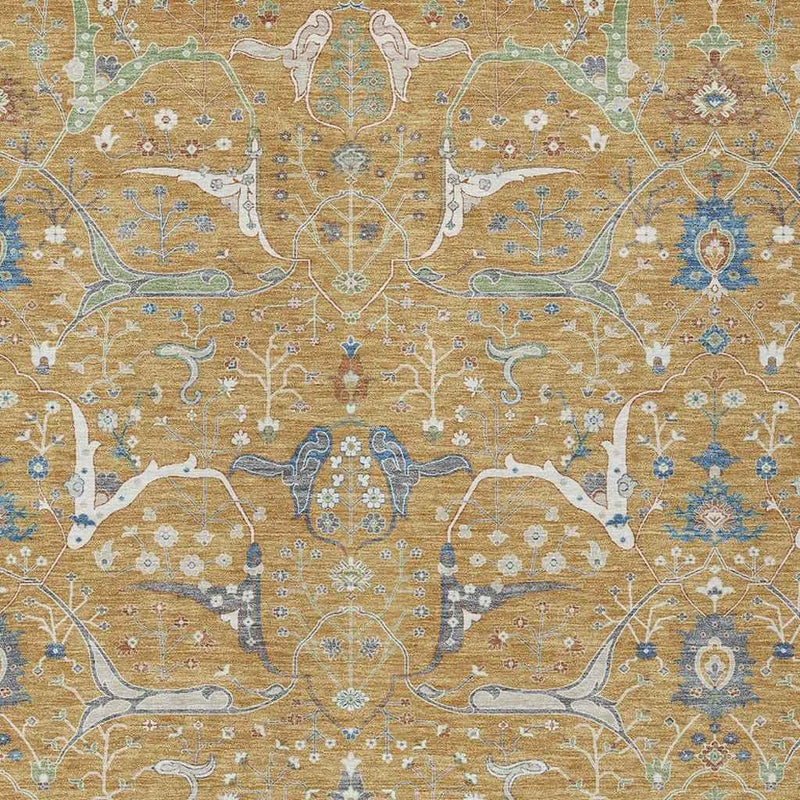 10' X 14' Gold And Blue Floral Washable Indoor Outdoor Area Rug