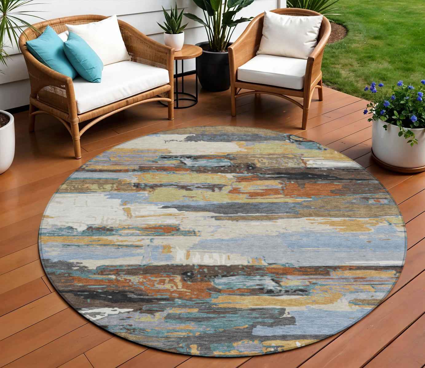 8' Brown Blue Ivory And Gold Round Abstract Washable Indoor Outdoor Area Rug