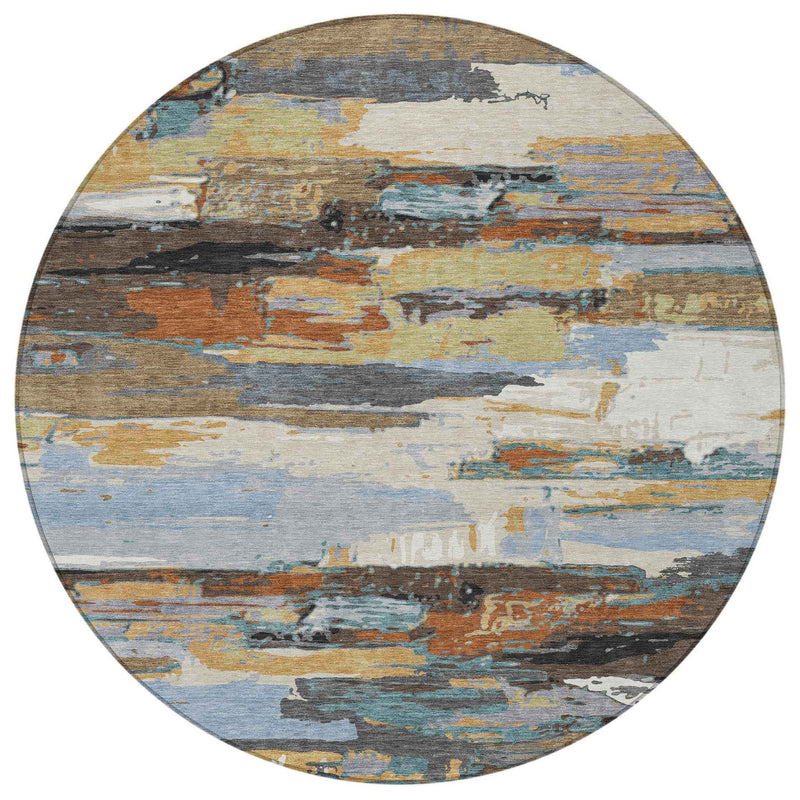 8' Brown Blue Ivory And Gold Round Abstract Washable Indoor Outdoor Area Rug