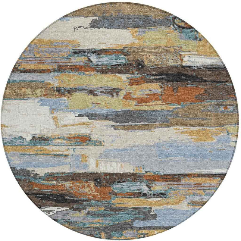 8' Brown Blue Ivory And Gold Round Abstract Washable Indoor Outdoor Area Rug