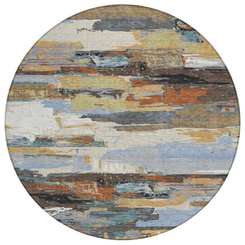 8' Brown Blue Ivory And Gold Round Abstract Washable Indoor Outdoor Area Rug